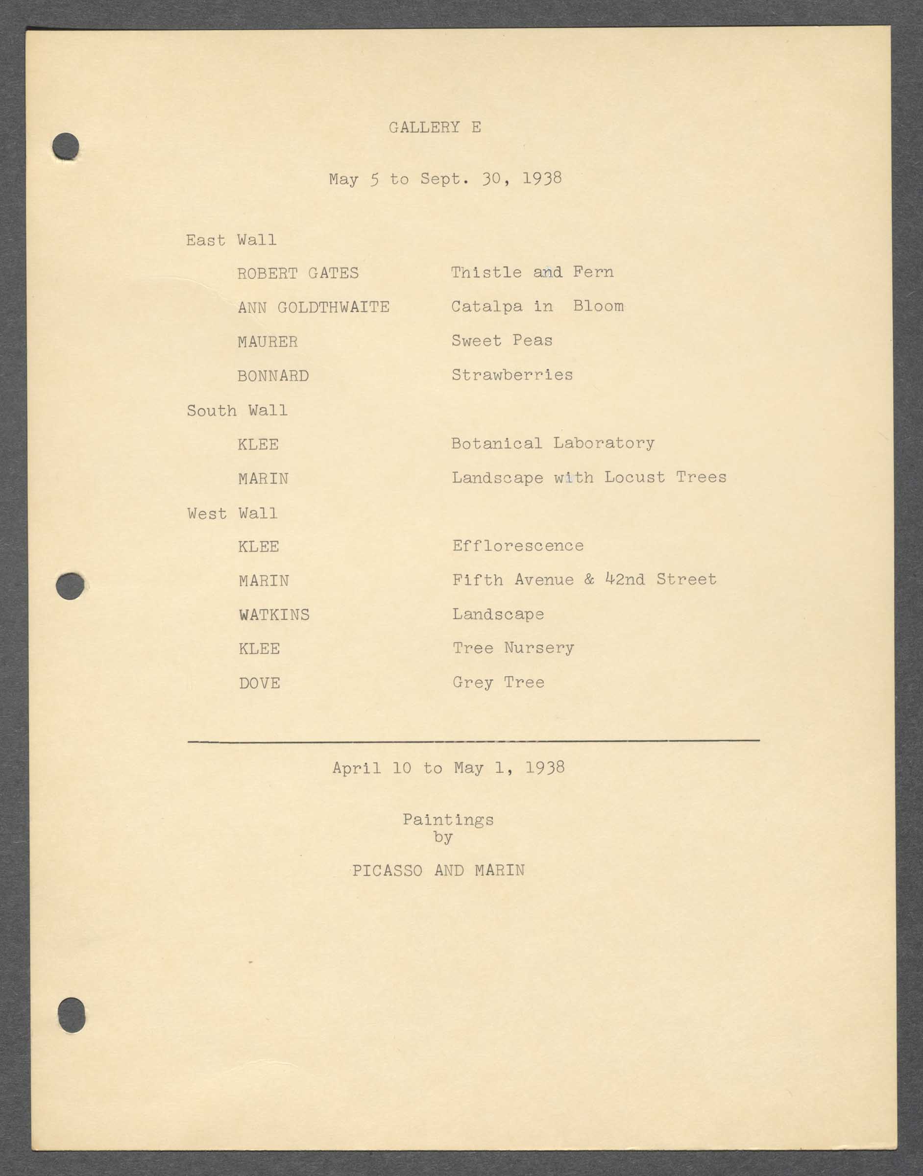 Installation report for House, Gallery E, May 5 to September 30, 1938.